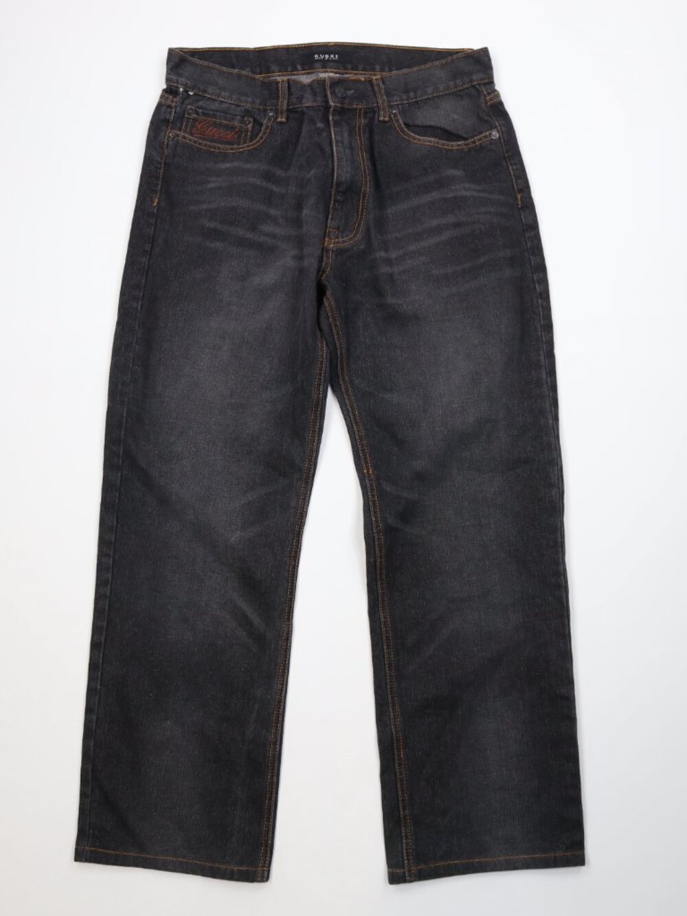 Vintage Gucci Mens 34x30 Faded Spell Out Wide Leg Denim Jeans Black Cotton